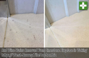 Red Wine Stains Removed From Limestone Fireplace Before and After Cleaning Woking